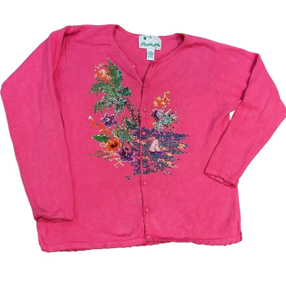Vintage Quacker Factory Pink Tropical Sequins Palm Trees Boat Cotton Cardigan 1X